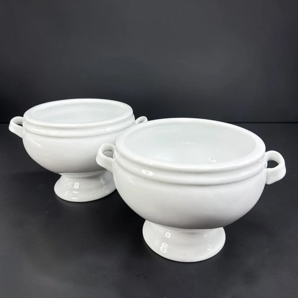 Crate & Barrel White Porcelain Footed Soup Bowls Dishes with Handles Set of 2